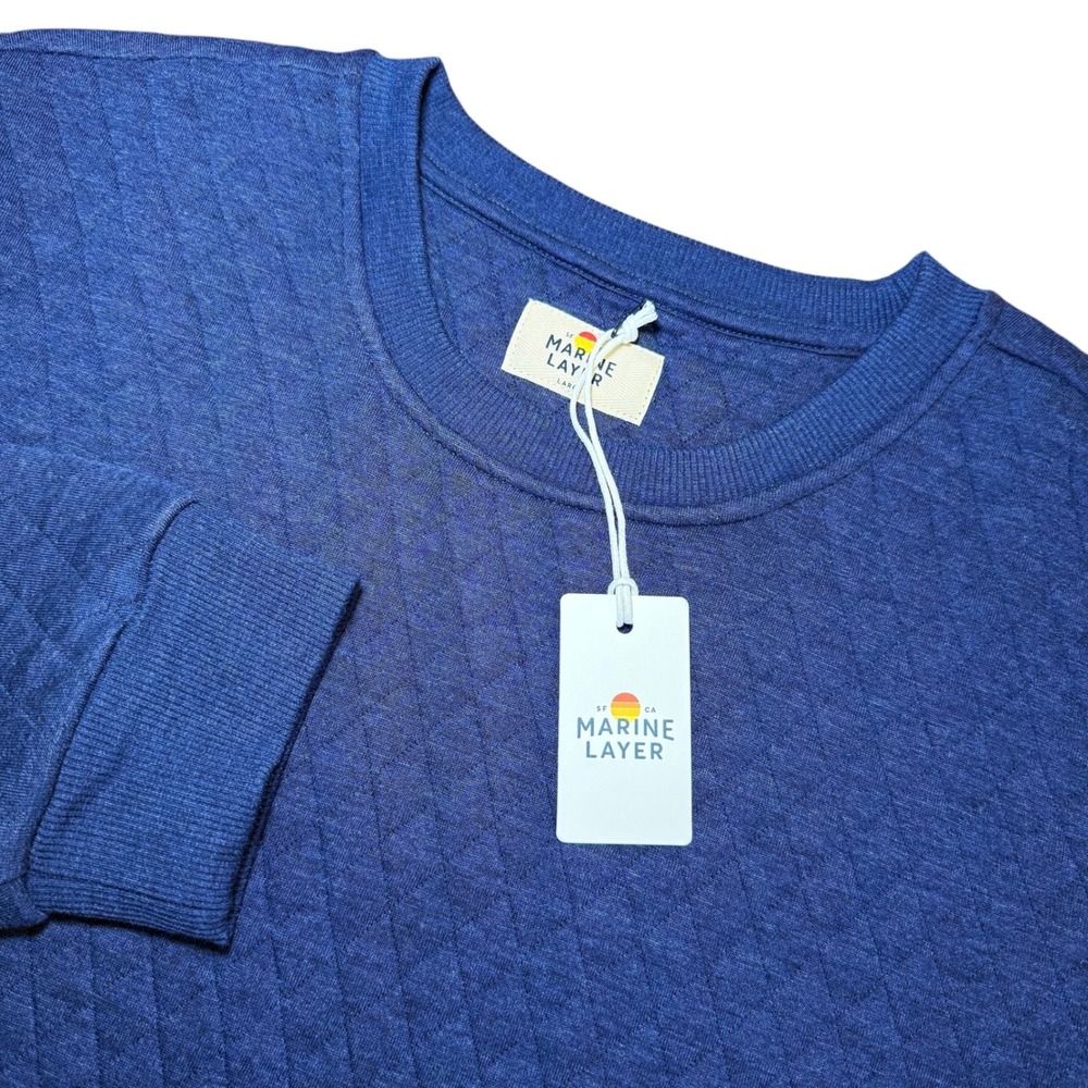 Marine Layer Mens L Corbet Quilted Crewneck Sweatshirt Navy Pullover Long Sleeve